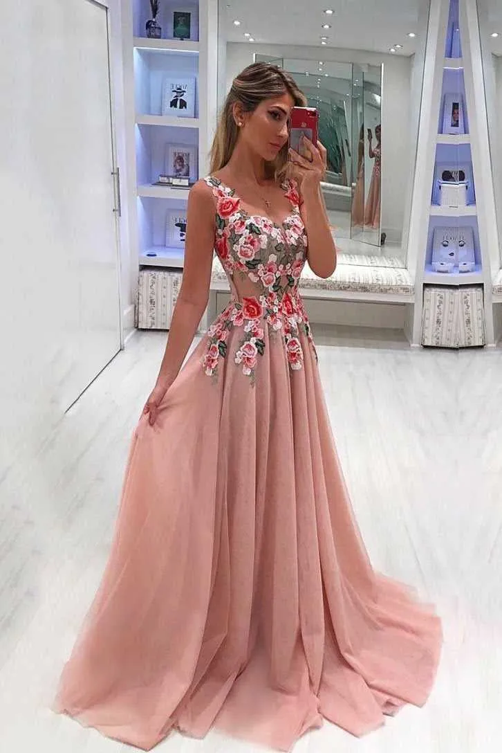 A Line Straps Appliqued Prom Dress,Sweep Train Tulle Evening Dresses