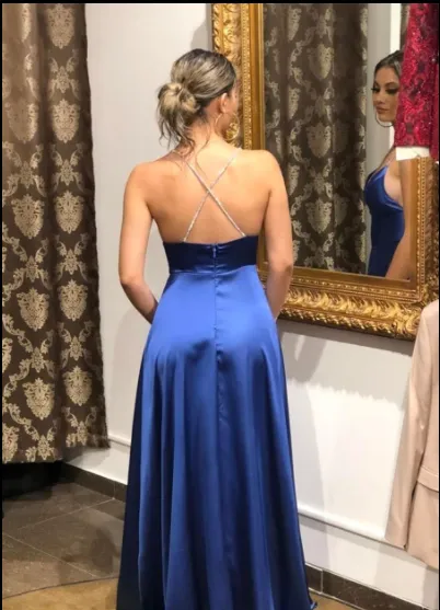 Blue Spaghetti Straps Prom Dresses,Simple Party Dresses,Split Evening Dress With Train