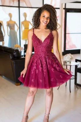 Cute V Neck Burgundy Appliques Short Prom Dress, Maroon Lace Formal Graduation Homecoming Dress