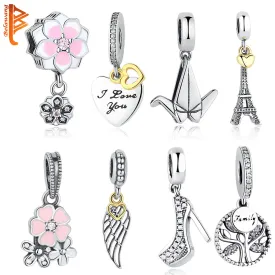 DIY Silver Charm Fit Original Pandora Bracelet Beads 925 Sterling Silver Love Dangle Charm Crystal Heart ,Flower,Tower,Tree Bead