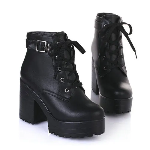 ESVEVA 3 Color Winter Lace-Up Sexy Women Boots Fashion Platform punk high square heels Black Buckle Ankle boots Plus Size 34-43