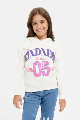 Girls White Embellished Hooded Sweatshirt