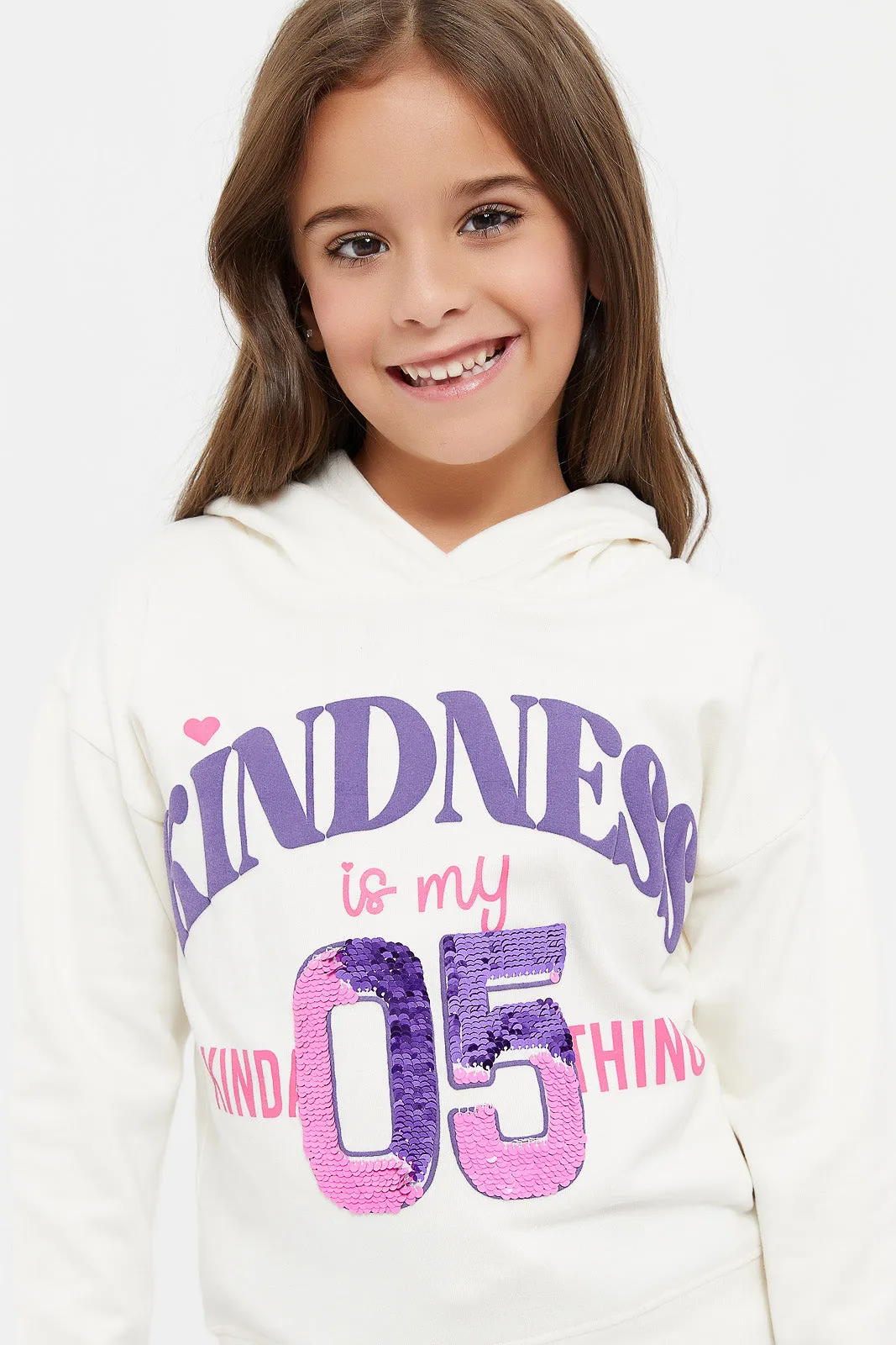 Girls White Embellished Hooded Sweatshirt