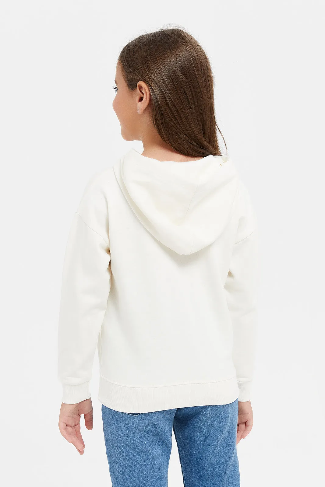 Girls White Embellished Hooded Sweatshirt