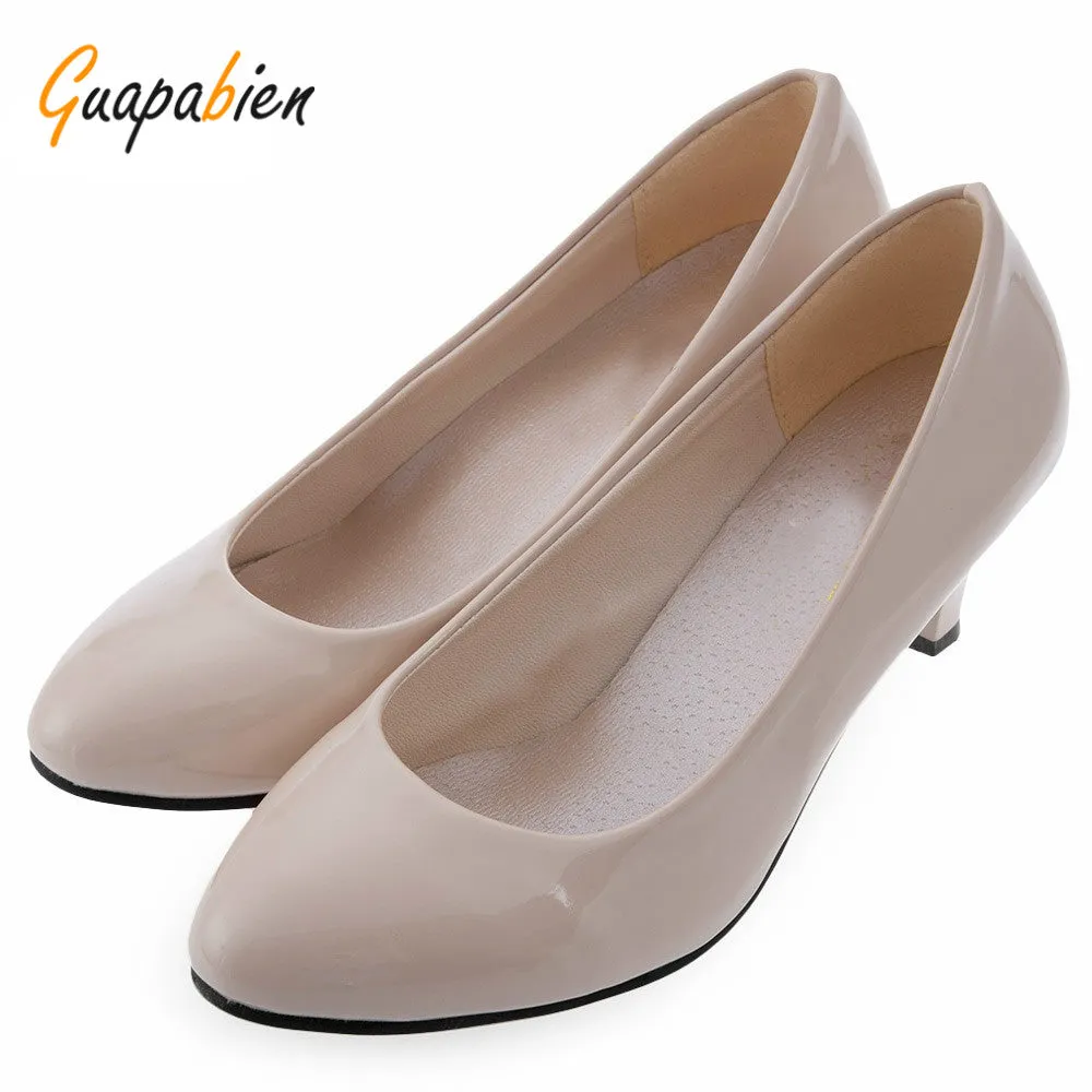 Guapabien Spring Summer Elegant Ladies Pumps Shallow Mouth Low Heel Business Shoes Women PU Leather Shoes Heels Single Shoes