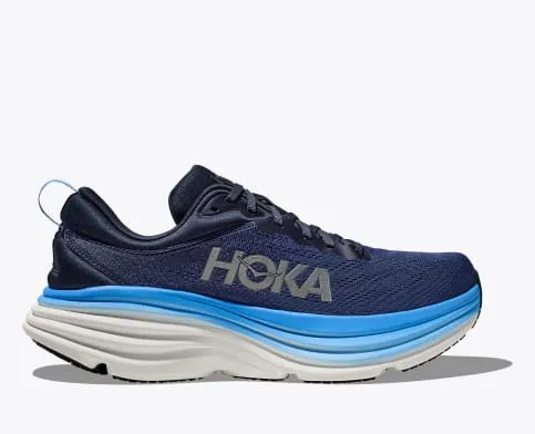 Hoka Men's Bondi 8 Cushioned Road Running Shoe in Outer Space/All Abroad, Goblin Blue/Mountain Spring,  & Black/White Available in Wide Widths