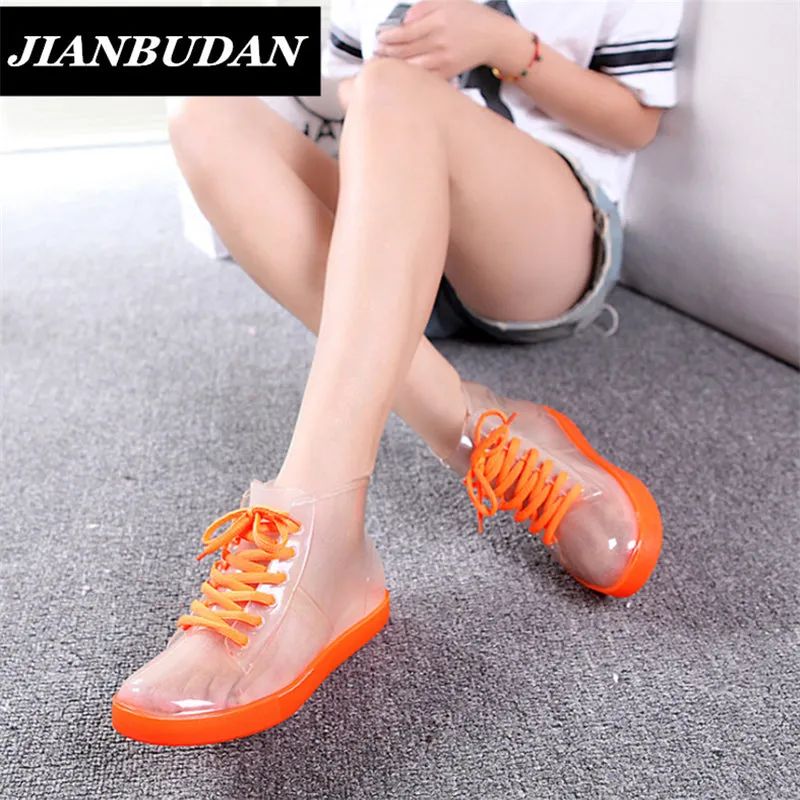 JIANBUDAN Rain boots, women with short boots, the new 2017 transparent waterproof boots, ms antiskid rubber boots