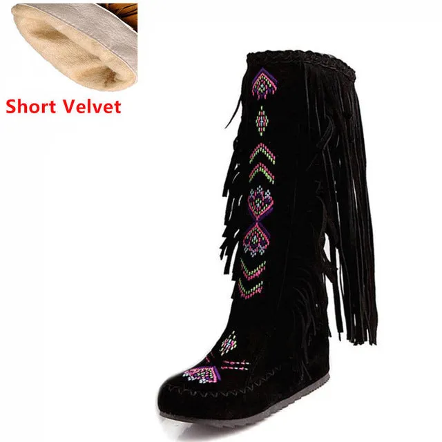 KemeKiss Fashion Chinese Nation Style Flock Leather Women Fringe Flat Heels Long Boots Woman Tassel Knee High Boots Size 34-43