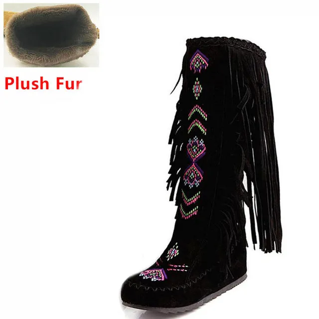 KemeKiss Fashion Chinese Nation Style Flock Leather Women Fringe Flat Heels Long Boots Woman Tassel Knee High Boots Size 34-43