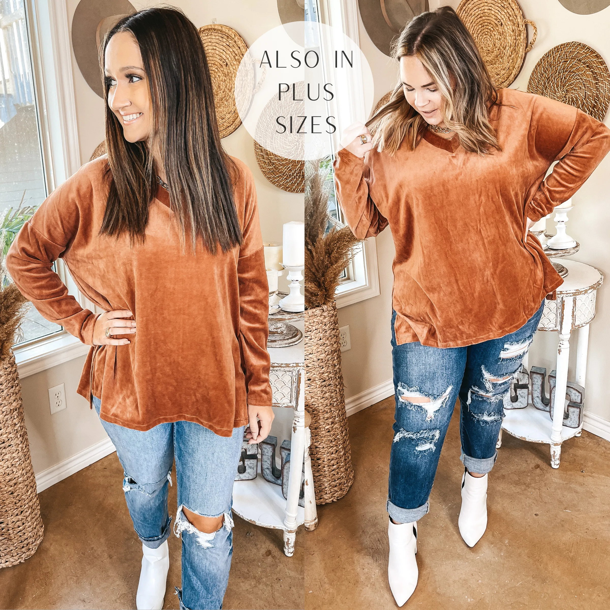 Last Chance Size Medium | Just What I Need V Neck Long Sleeve Velvet Top in Rust Brown