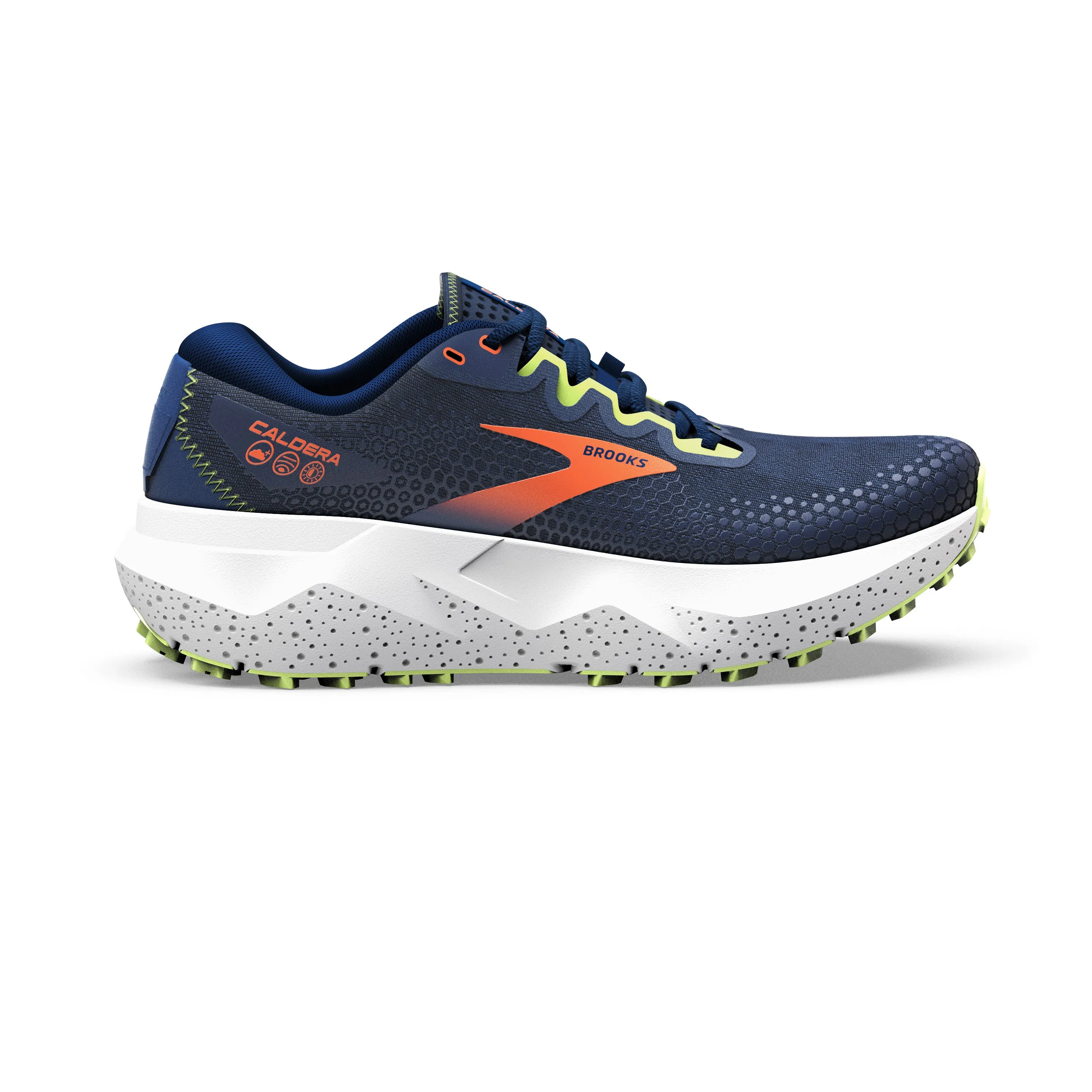 Men's Brooks Caldera 6 Color: Navy/ Firecracker/ Sharp Green