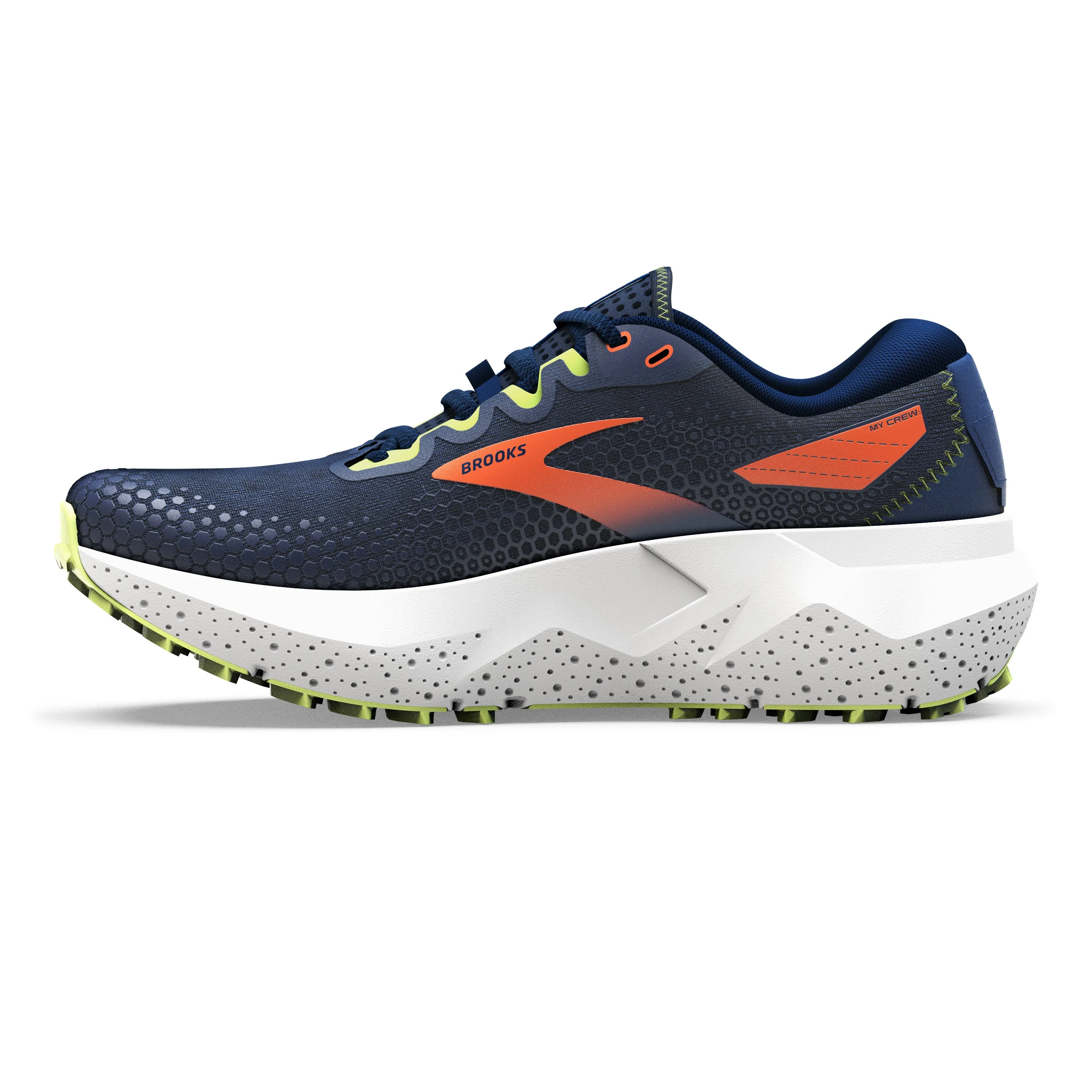 Men's Brooks Caldera 6 Color: Navy/ Firecracker/ Sharp Green