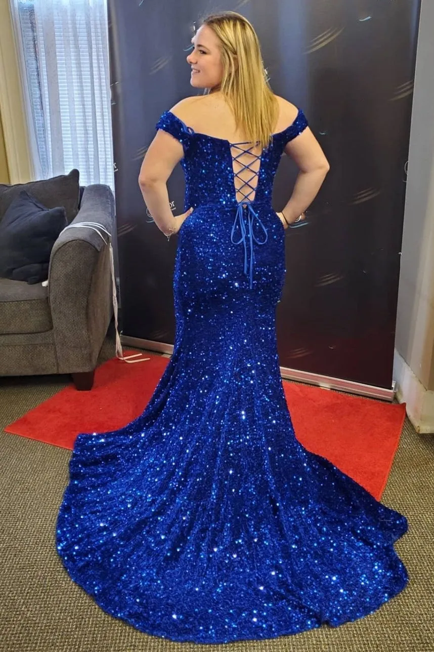 Off the Shoulder Royal blue Sequin Mermaid Long Prom Dresses