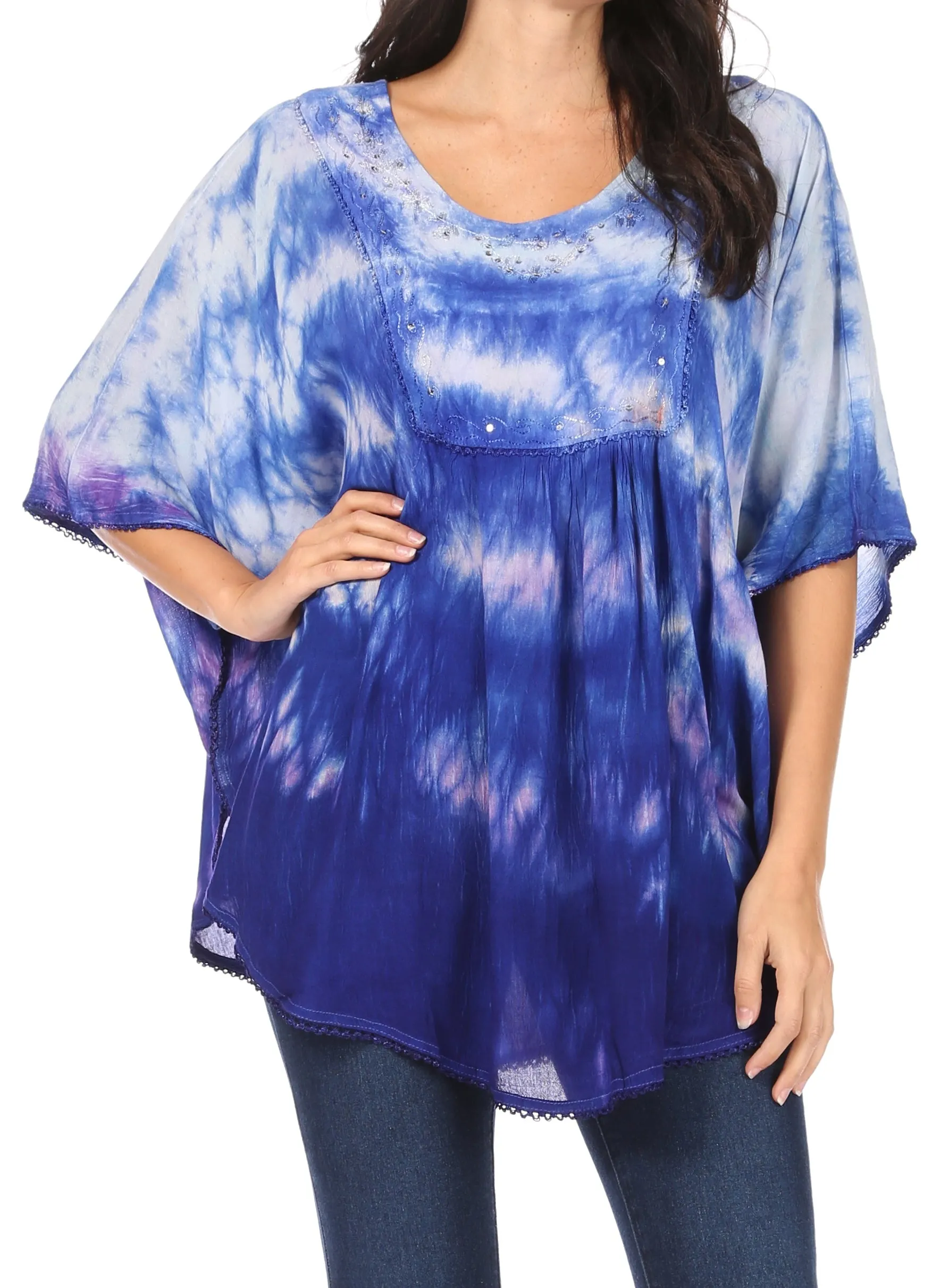 Sakkas Lepha Long Wide Multi Colored Tie Dye Sequin Embroidered Poncho Top Blouse