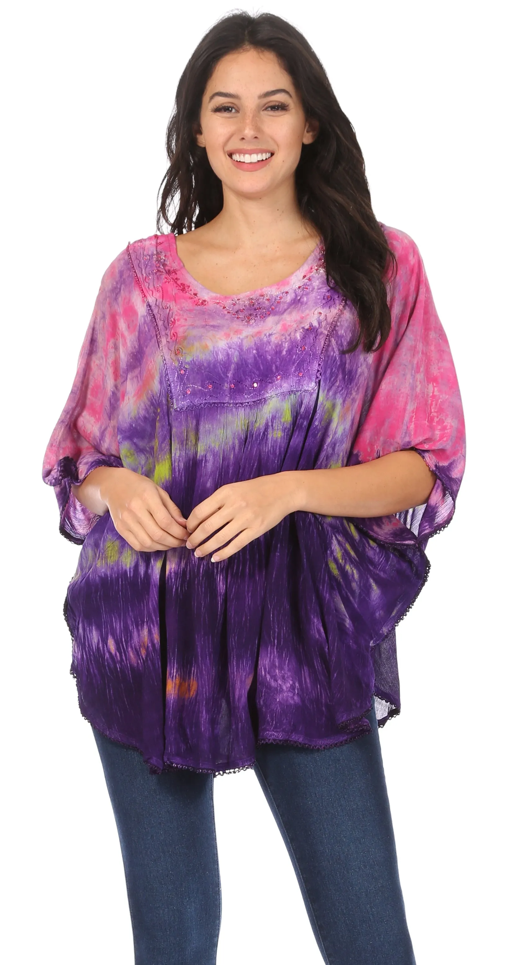 Sakkas Lepha Long Wide Multi Colored Tie Dye Sequin Embroidered Poncho Top Blouse