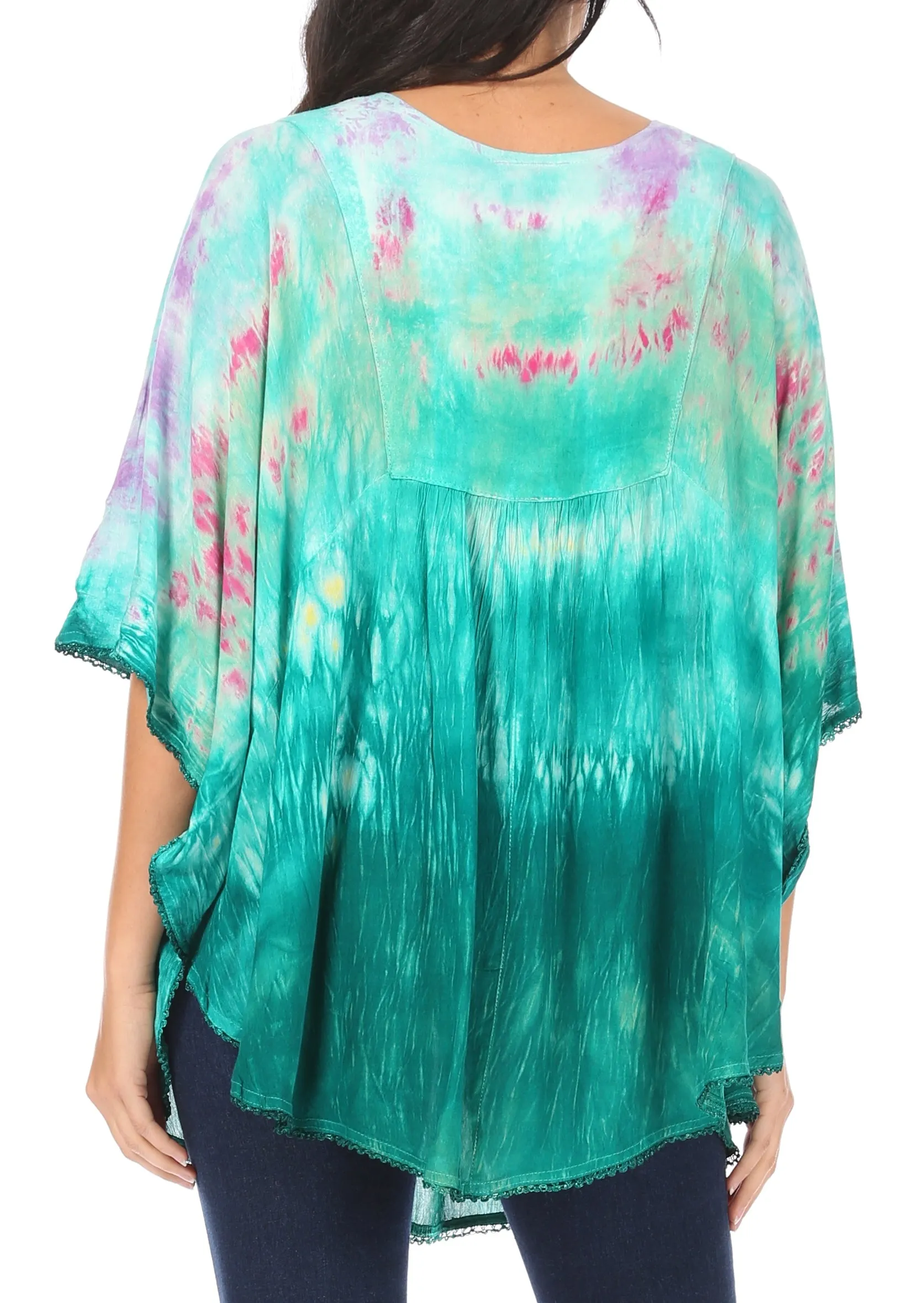 Sakkas Lepha Long Wide Multi Colored Tie Dye Sequin Embroidered Poncho Top Blouse