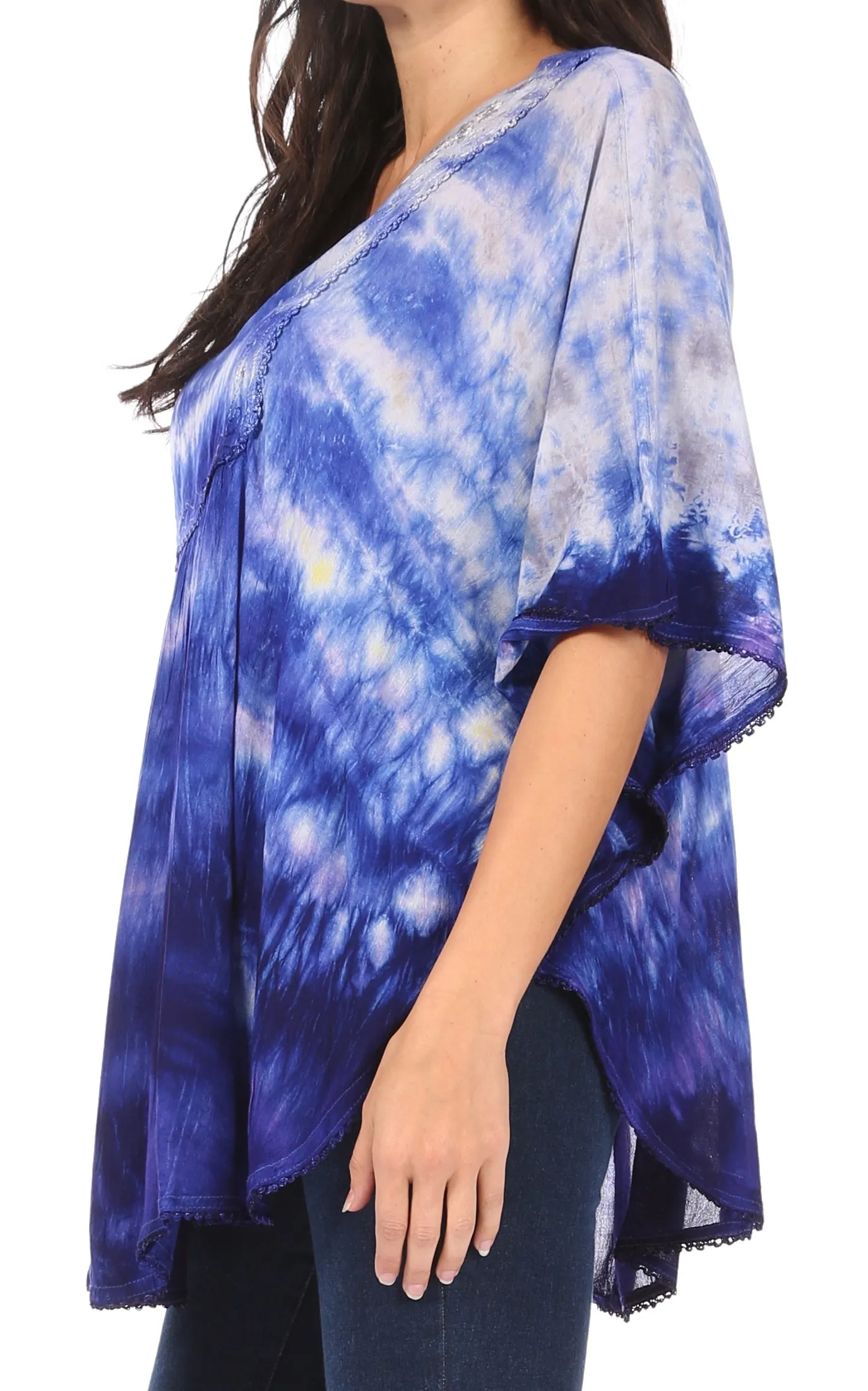 Sakkas Lepha Long Wide Multi Colored Tie Dye Sequin Embroidered Poncho Top Blouse