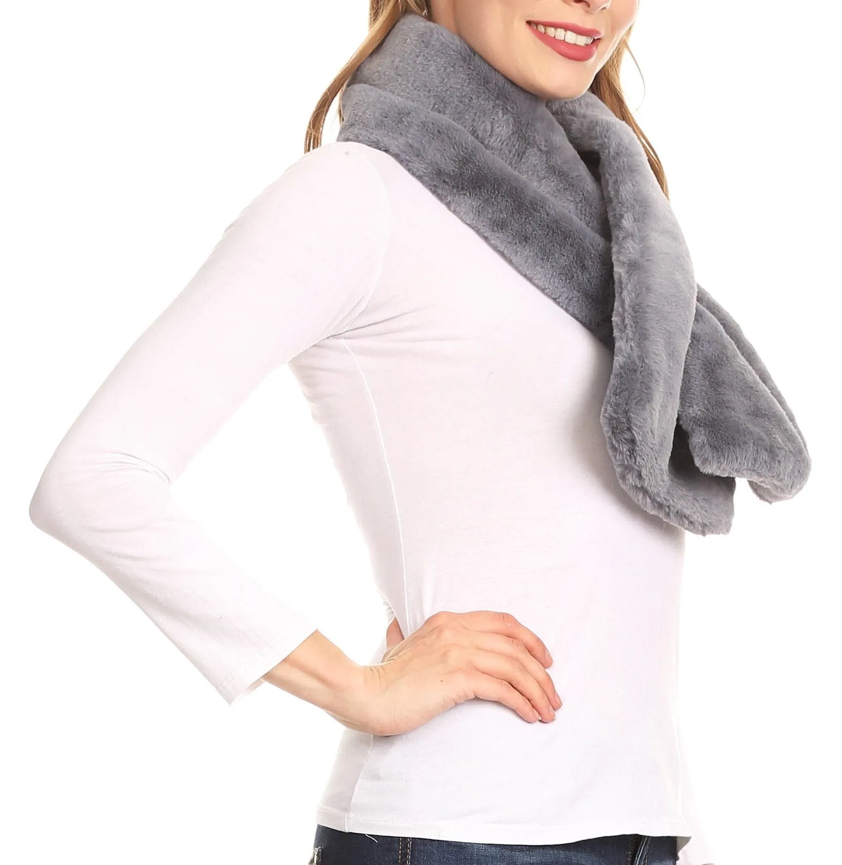 Sakkas Malen Long Rectangle Faux Fur Warm Soft Furry Wrap Around Loophole Scarf