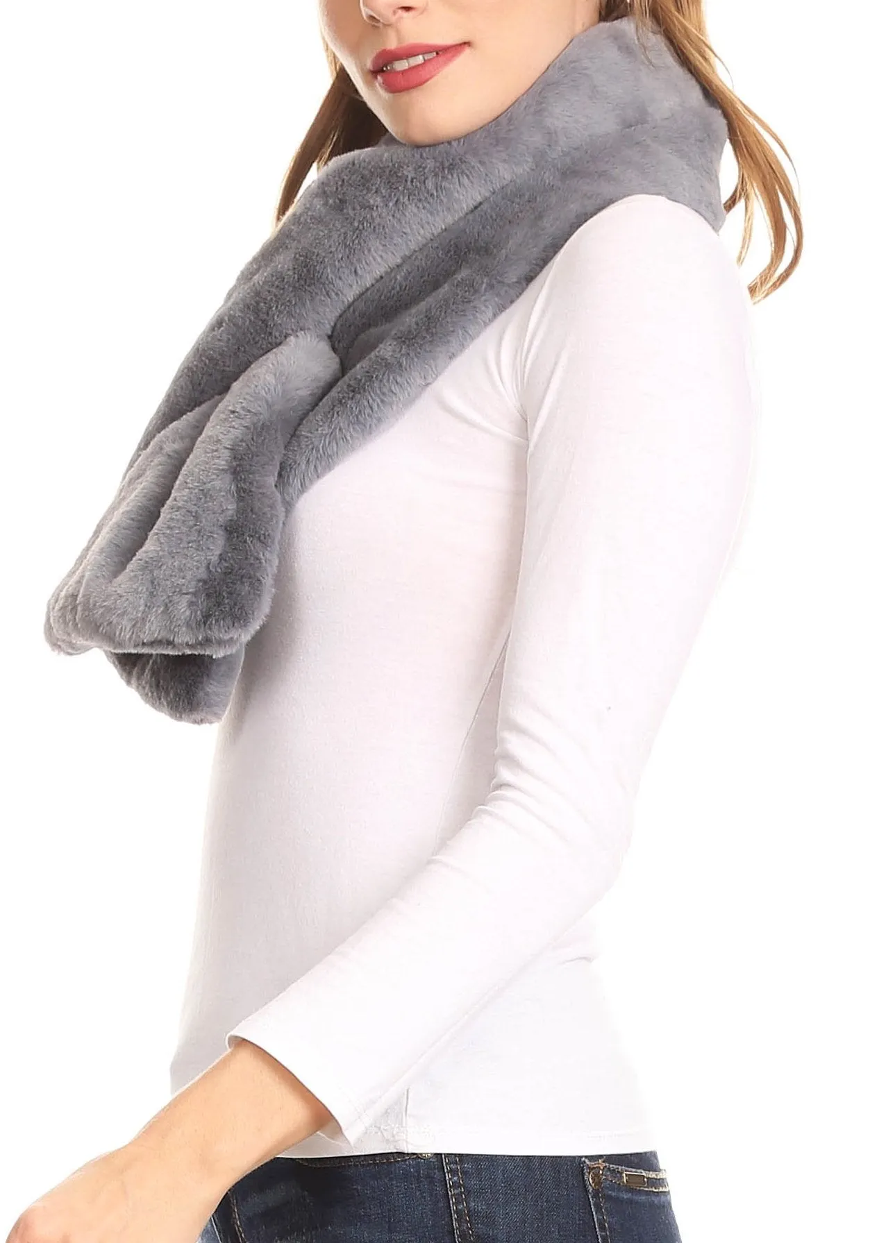 Sakkas Malen Long Rectangle Faux Fur Warm Soft Furry Wrap Around Loophole Scarf