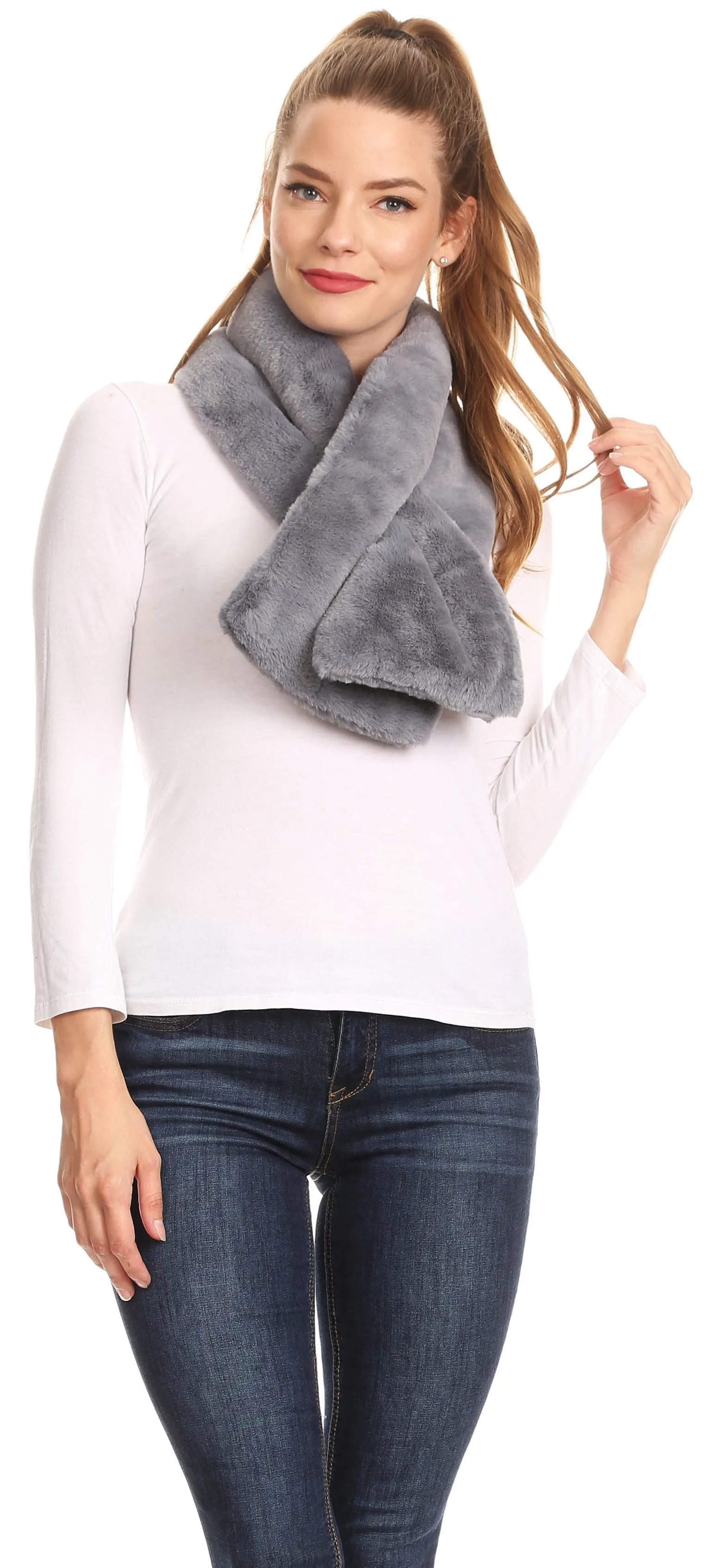 Sakkas Malen Long Rectangle Faux Fur Warm Soft Furry Wrap Around Loophole Scarf