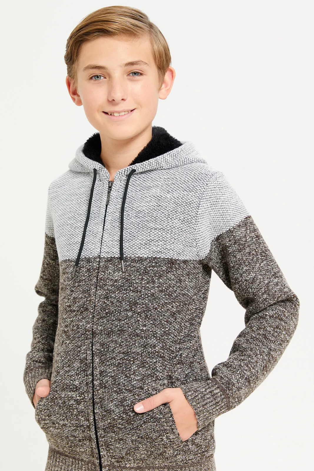 Senior Boys Grey Cut And Sew Stripe Hoody Cardigan