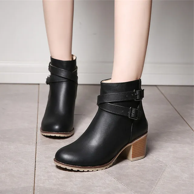 size 34-43 New Autumn and winter women Leather shoes vintage Europe star fashion Square high heels Ankle boots zipper Snow boots