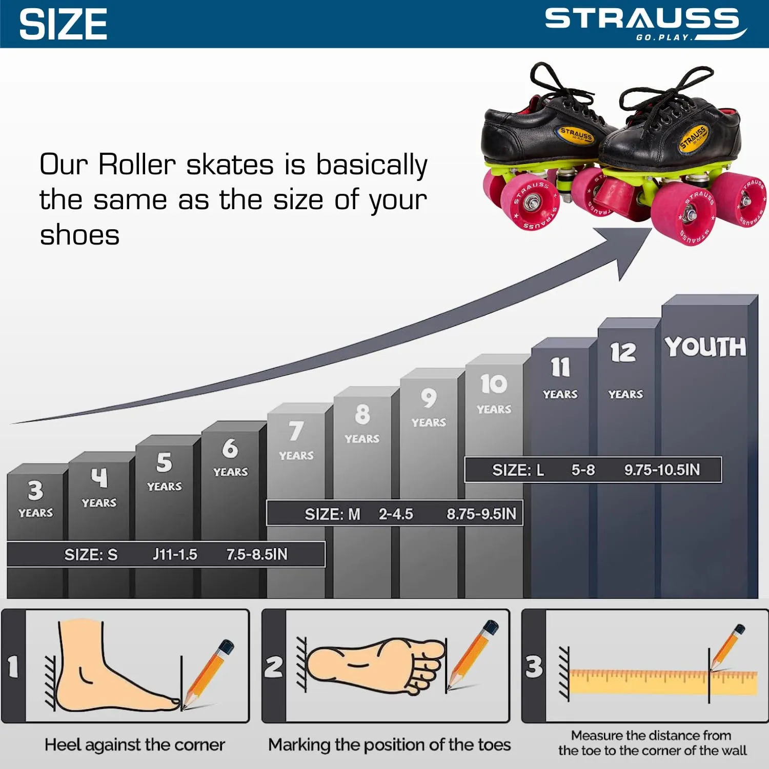 STRAUSS Gripper Skating Shoes | Fixed Body Roller Skates | Shoe Skate with Rubber Wheel |Ideal for Boys, Girls and Kids |Suitable for All Skill Level | Ideal for Kids (9-10 Years),Size-2, (Red/Black)