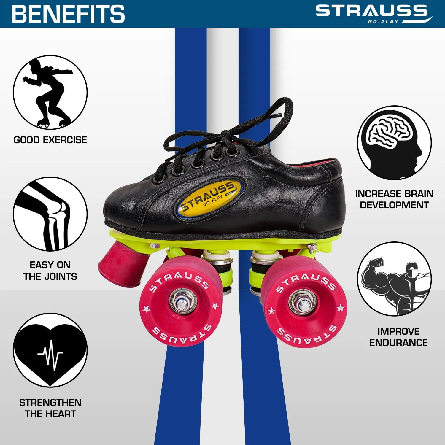 STRAUSS Gripper Skating Shoes | Fixed Body Roller Skates | Shoe Skate with Rubber Wheel |Ideal for Boys, Girls and Kids |Suitable for All Skill Level | Ideal for Kids (9-10 Years),Size-2, (Red/Black)