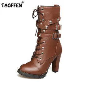 TAOFFEN Ladies shoes Women boots High heels Platform Buckle Zipper Rivets Sapatos femininos Lace up Leather boots Size 34-43