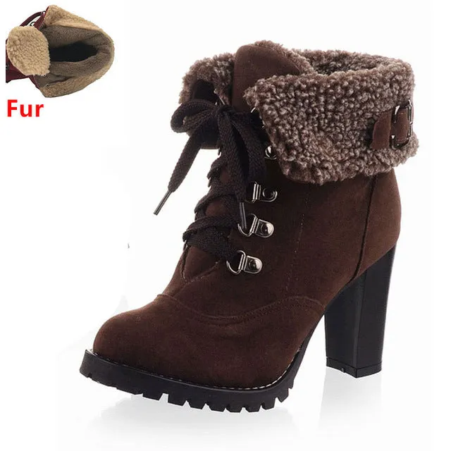 TAOFFEN women high heel half short ankle boots winter martin snow botas fashion footwear warm heels boot shoes AH195 size 32-43