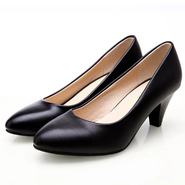 YALNN Women's  Leather Med Heels New High Quality Shoes Classic Black&White Pumps Shoes for Office Ladies Shoes